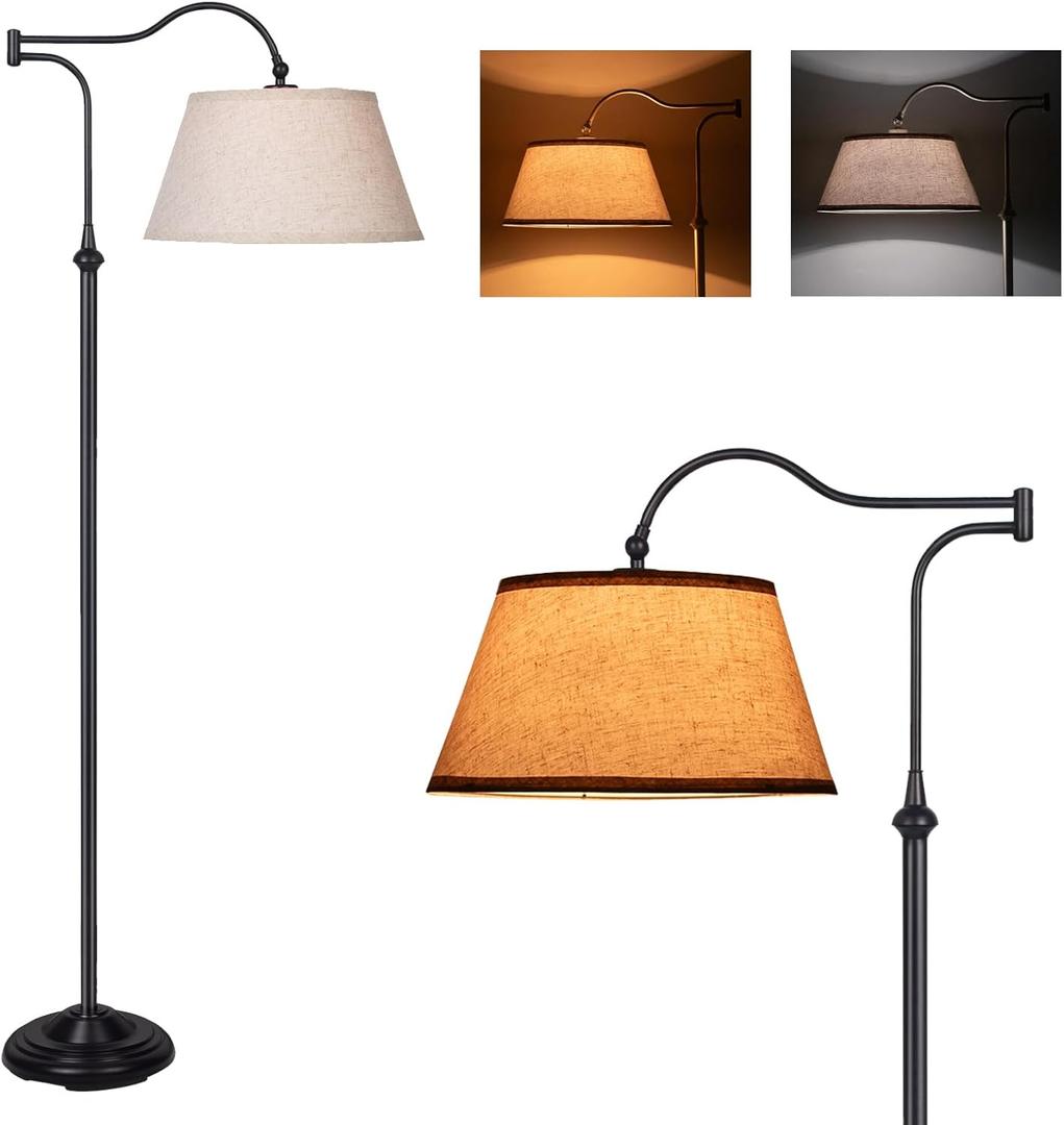 Cantilever Floor Lamp, Standing Chandelier Floor Lamp with 180° Adjustable Swing Arm, Modern Floor Lamps with Linen Shade, Classic Lamp for Living Room Office Bedroom Reading(Black)