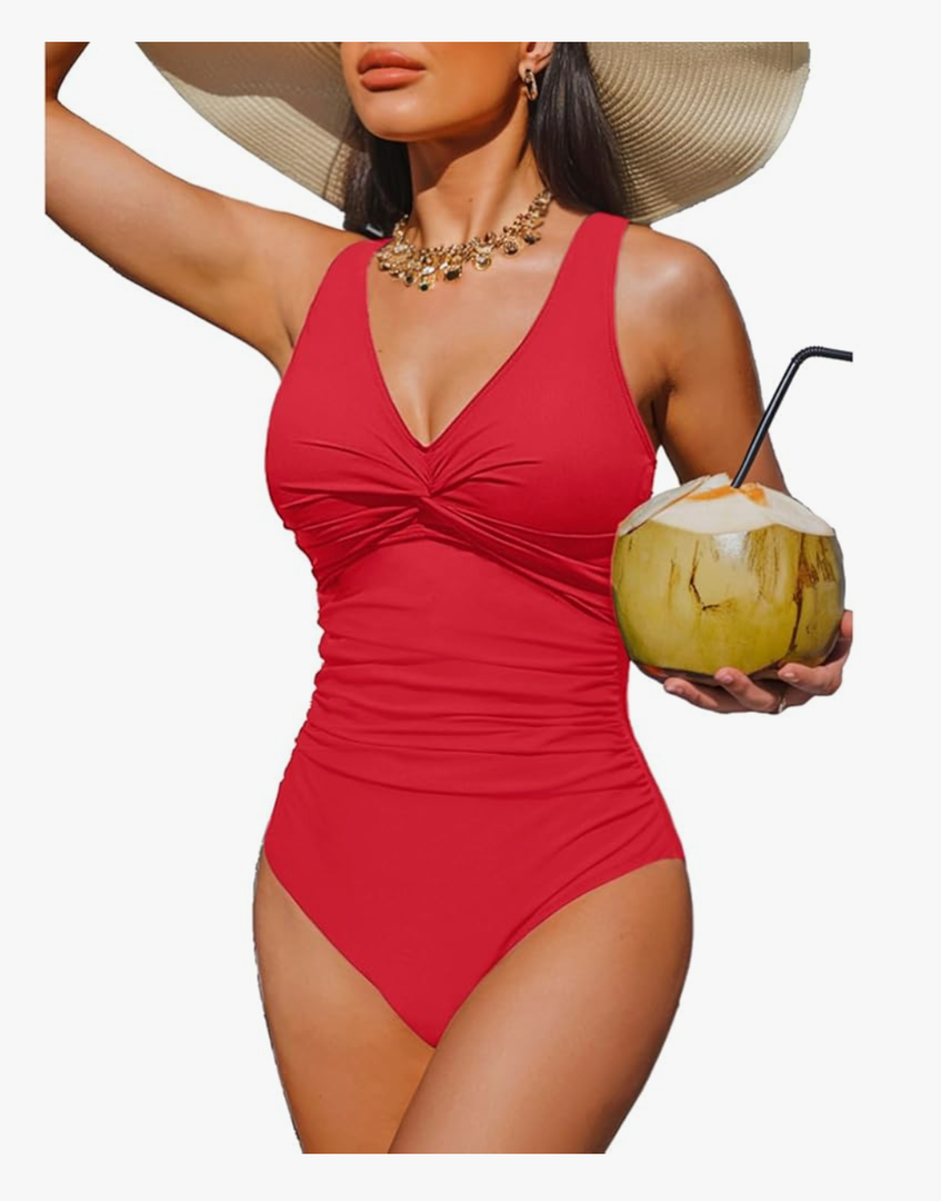 Women Tummy Control One Piece Swimsuit - Push Up Bathing Suit Full Coverage Slimming Swimwear (22Plus, Red)
