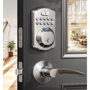 Veise Fingerprint Door Lock with 2 Lever Handles - Keyless Entry Door Lock, Electronic Keypad Deadbolt, Digital Smart Code & Front Handle Sets, Auto-Locking, Easy Installation, Satin Nickel
