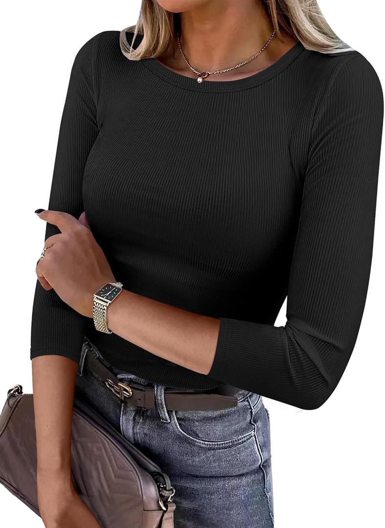 ANRABESS Womens 3/4 Long Sleeve Tops Ribbed Knit Slim Fitted Shirts Basic Tee Fall Outfits 2026 Fashion Y2K Clothes (X-Large, Black)