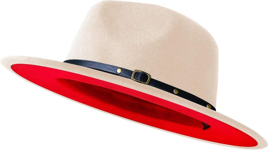 KUJUHA Wide Brim Fedora Two Tone Dress Hat, Cream & Red, Small-Medium