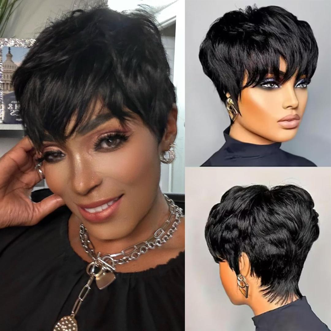 Pink Planet Pixie Cut Wig Human Hair for Black Women Short Pixie Cut Wigs Human Hair Wear and Go Glueless Pixie Wig Short Layered Brazilian Virgin Human Hair Wigs for Women 