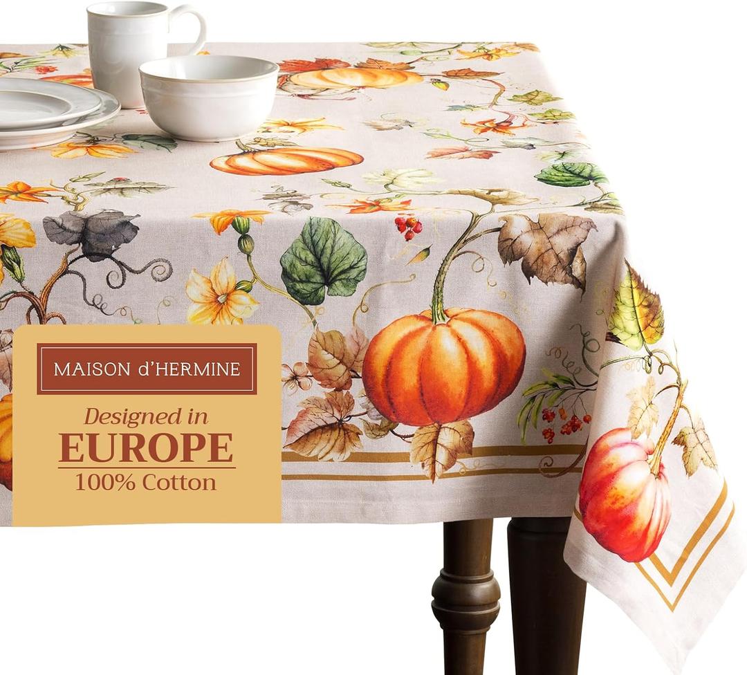 Maison d' Hermine Table Cloth Rectangle Table 100% Cotton 70 x 90 Inches Fall Tablecloth Reusable Everyday Use for Thanksgiving Christmas Decorations Dining Farmhouse Party (Potiron)