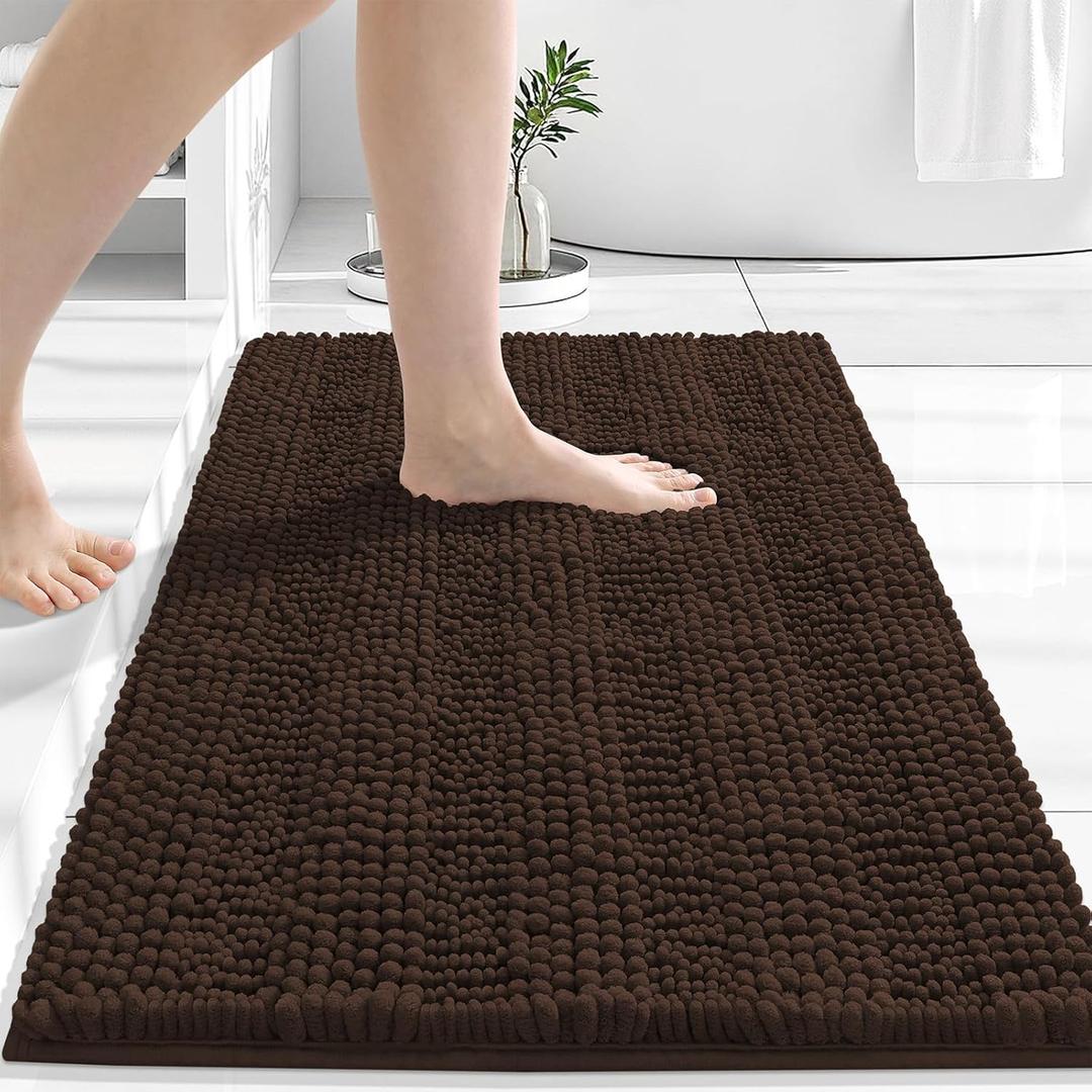 Grandaily Chenille Striped Bathroom Rugs 30x20, Extra Thick and Absorbent Bath Mats, Non-Slip Soft Plush Shaggy Shower Carpet, Machine Wash Dry, Bath Rug for Bathroom, Brown
