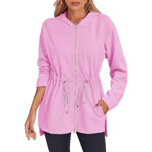 Fisoew Women's Zip Up Hoodie Sweatshirts Oversized Long Sleeve Casual Drawstring Waist Side Slit Tunic Tops (Pink)