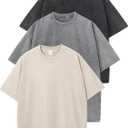 Flygo 3 Pack Men Oversized T Shirts Acid Washed Unisex Tee Loose Fit Short Sleeve Casual Streetwear Baggy Basic Tops (Medium, Black+grey+beige)
