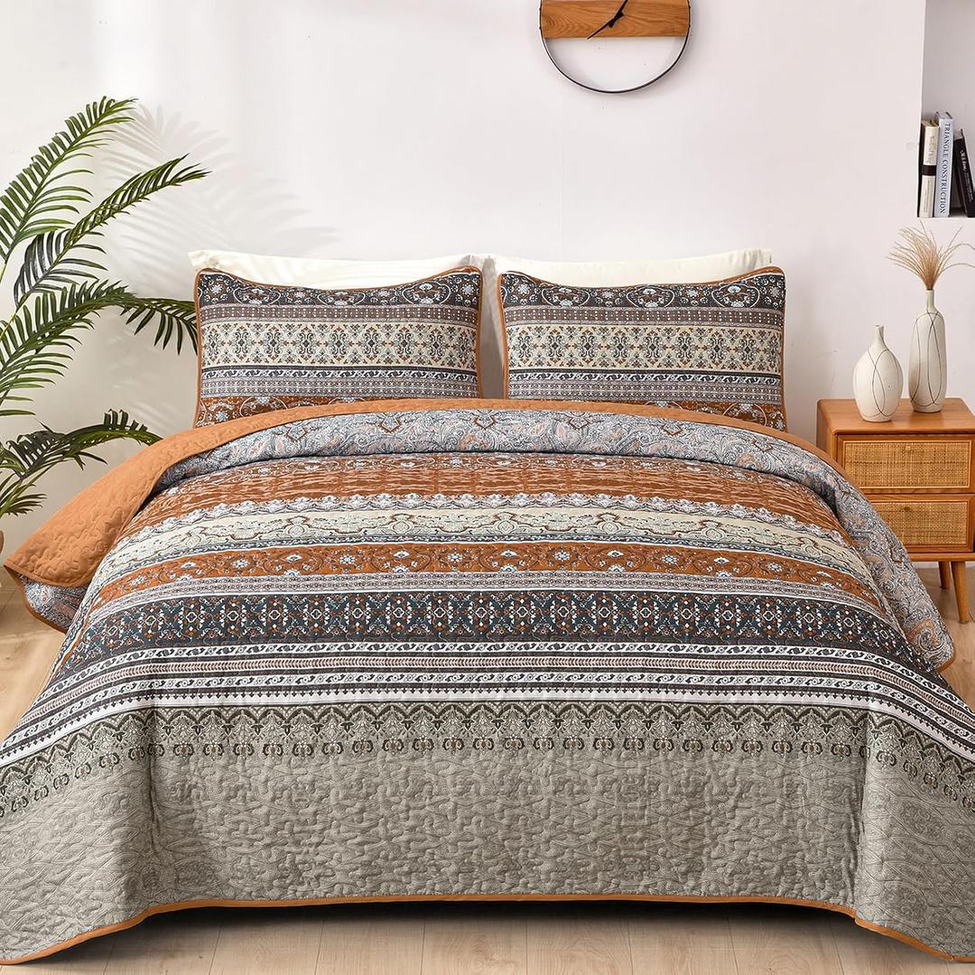 WONGS BEDDING Boho Queen Quilt Set, Brown and Grey Bohemian Quilt Bedding Set, Fall Lightweight Bed Decor Bedspread for All Season Reversible Microfiber Coverlet Bedding Set 96"x90"(3 Pieces)