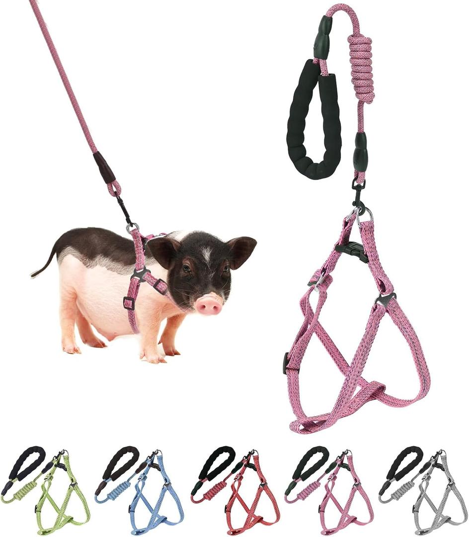 Mini Pig Harness, Adjustable Small Pig Harness with Leash Infinity Style Lead and Soft Foam Handle for Pet Pigs Walking Training Jogging (Pink, L)