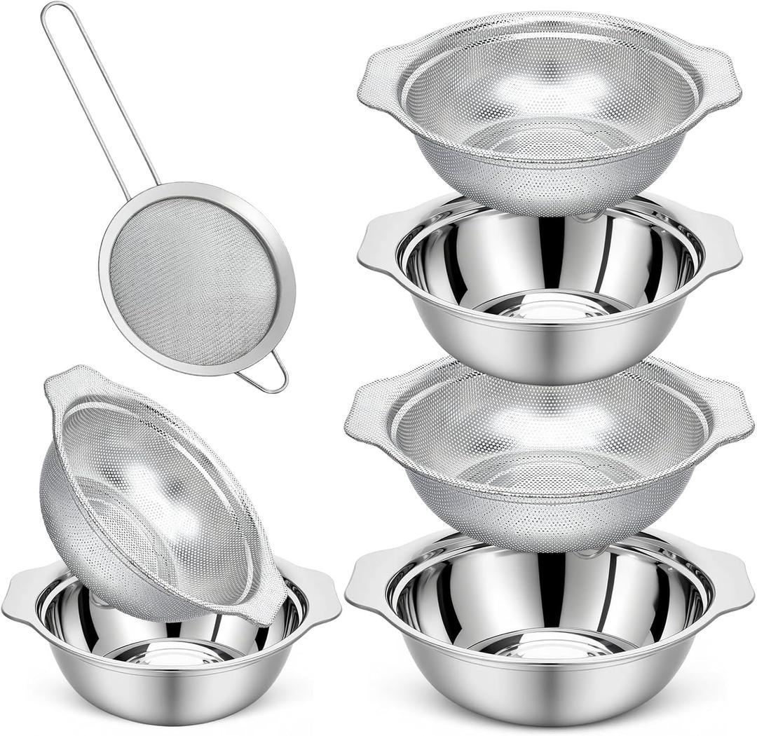 7Pcs Stainless Steel Colander Set, Rice Strainer with Mixing Bowl, 3/4/5QT Large Capacity Microporous Colander with Handle, Mesh Strainer for Washing and Draining Vegetables, Fruit, Dishwasher Safe