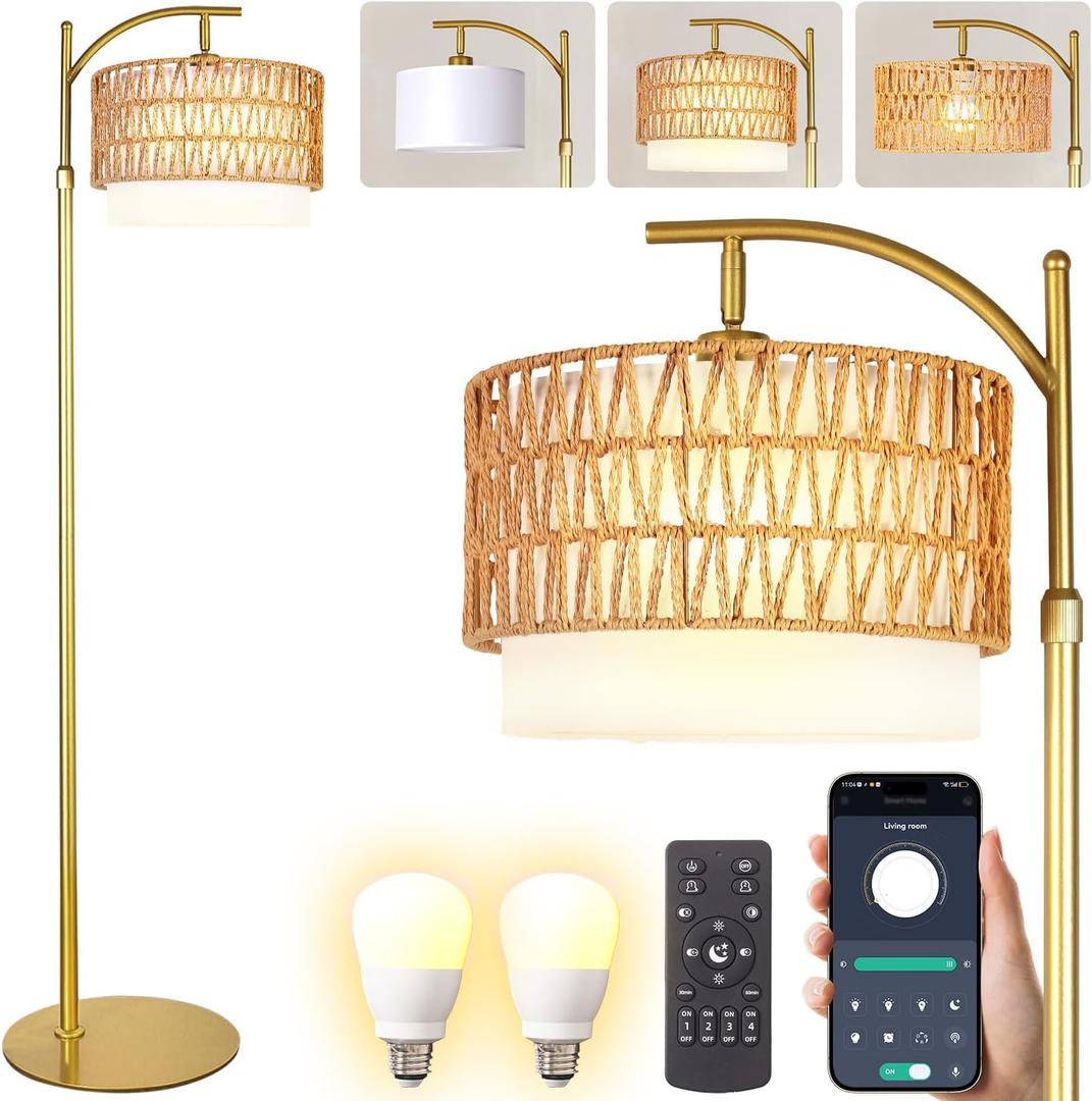 Bohemian Rattan Floor Lamp for Living Room - Golden Arc Design, 12W LED (1 in use + 1 Spare), Remote & Dimmable 3 - Color Temp, Tall Standing Lamp (Small)