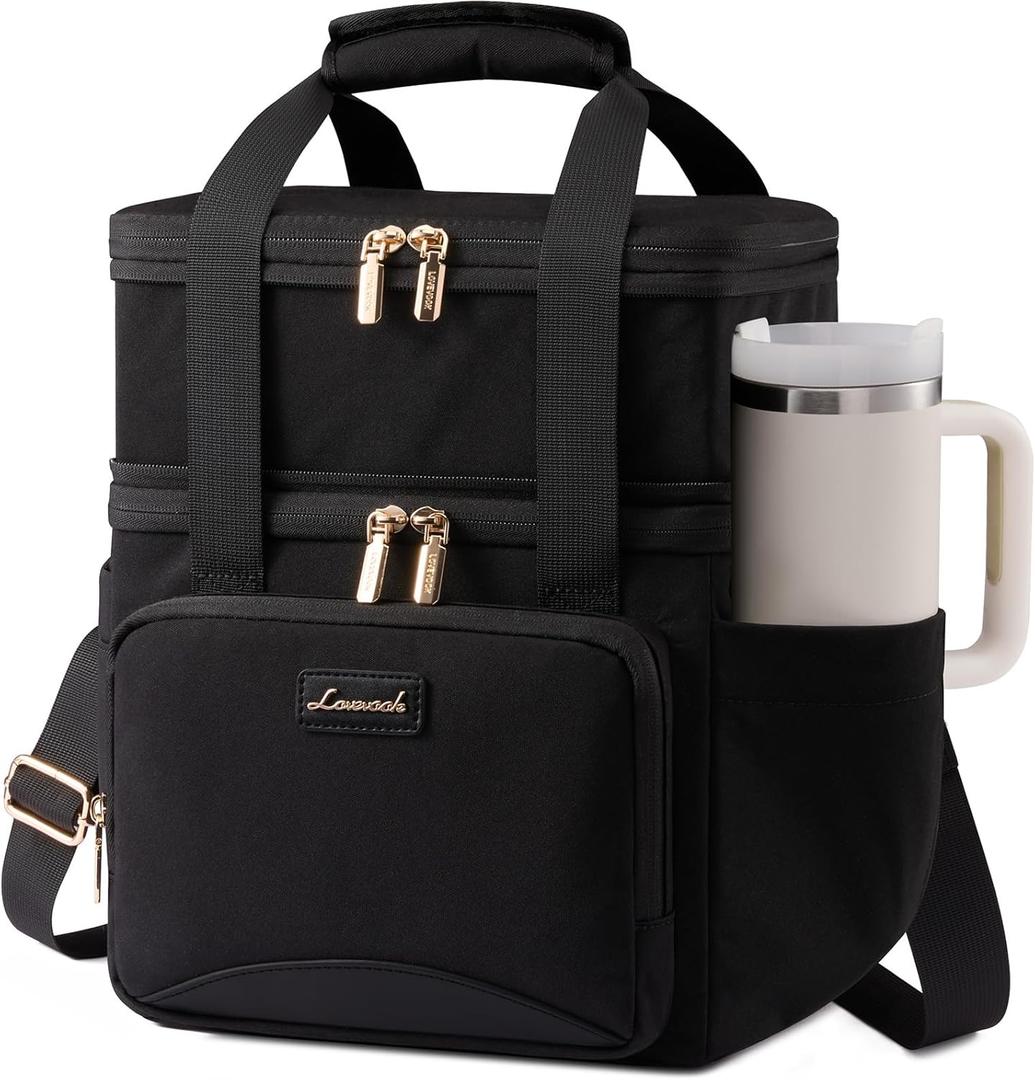 LOVEVOOK Insulated Lunch Bag For Women,Large Double Deck Adult Lunch Box,Teacher Lunch Tote Bag With Cup Holder,Leakproof Cooler Bag With Adjustable Shoulder Strap For Work Picnic Beach,Larger 15L, Black
