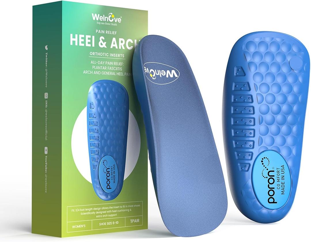 Welnove Achilles Tendonitis Insoles - Memory Foam Heel Insert for Heel Pain,Shock Absorption & Extra Cushioning Comfort Heel Inserts for Work Boot for Heel Spur Relief,3/4 Length,Women 6-10 Men 5-8 (Blue)