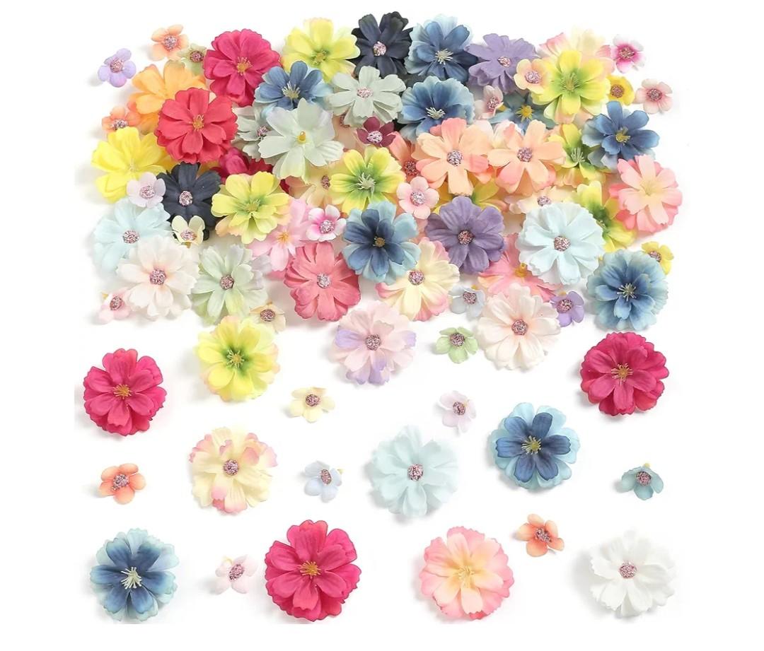 GAATEEK 90 Pcs Mini Artificial Silk Flower Heads - Multicolor Peony, Daisy, Rose Floral Appliques for Spring Summer Crafts | DIY Wreath Accessories for Wedding/Home Decor/Party/Graduation Cap