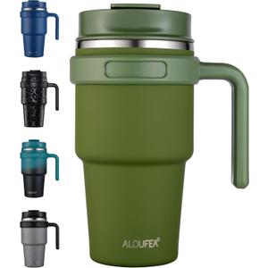 ALOUFEA 20 oz Insulated Coffee Mug Tumbler with Handle, Stainless Steel Travel Mug Tumbler with Lid and Straw, Double Wall Vacuum Leak Proof Ice Coffee Thermal Cup, Army Green