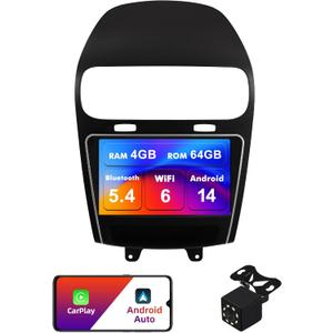 4+64G Android 14 Double Din Car Radio Stereo for Dodge Journey 2011-2019 with 9" Touchscreen Radio Built-in Wireless Carplay/Android Auto/GPS/Bluetooth/FM/AUX-in/SWC/Camera