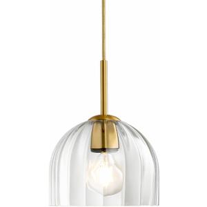 Modern Pendant Light Kitchen Island, 7.86" Bell Lamp Shape Hanging Ceiling Lighting Fixture with Clear Striped Glass Lampshade Dining Room, Warm Brass Finish (20CM)
