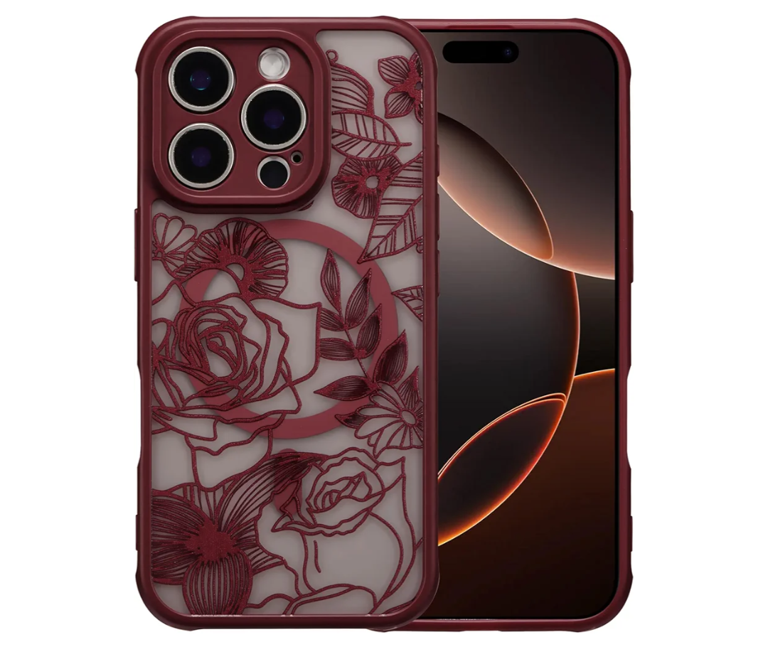 XIZYO Magnetic Case for iPhone 16 Pro Max Floral Rose Cute Phone Case [Compatible with Magsafe] for Women Girls Burgundy Aesthetic Pattern Slim TPU Shockproof Bumper Cover, Wine Red