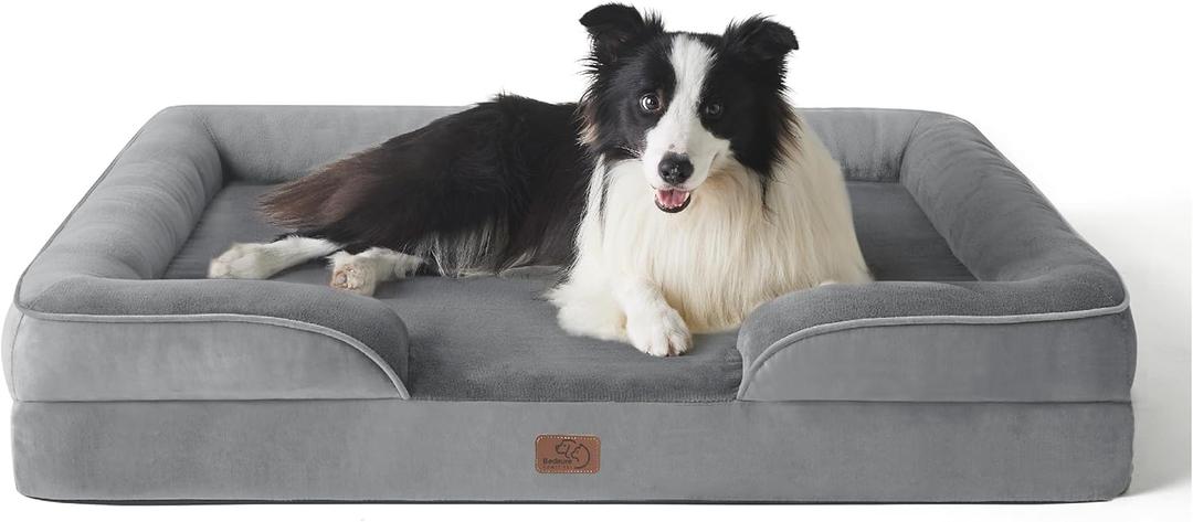 42 inch Orthopedic Dog Bed with Bolster for Extra Large Dogs - XL Washable Dog Sofa Bed Egg-Foam Supportive Removable Washable Plush Cover Waterproof Lining and Nonskid Bottom,Dark Grey (X-Large-42"L x 30"W x 7.5")