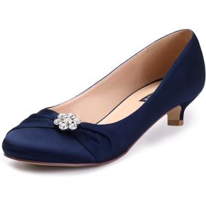 ERIJUNOR Women Closed Toe Comfort Kitten Heels Rhinestones Satin Wedding Evening Dress Shoes (11, Navy)