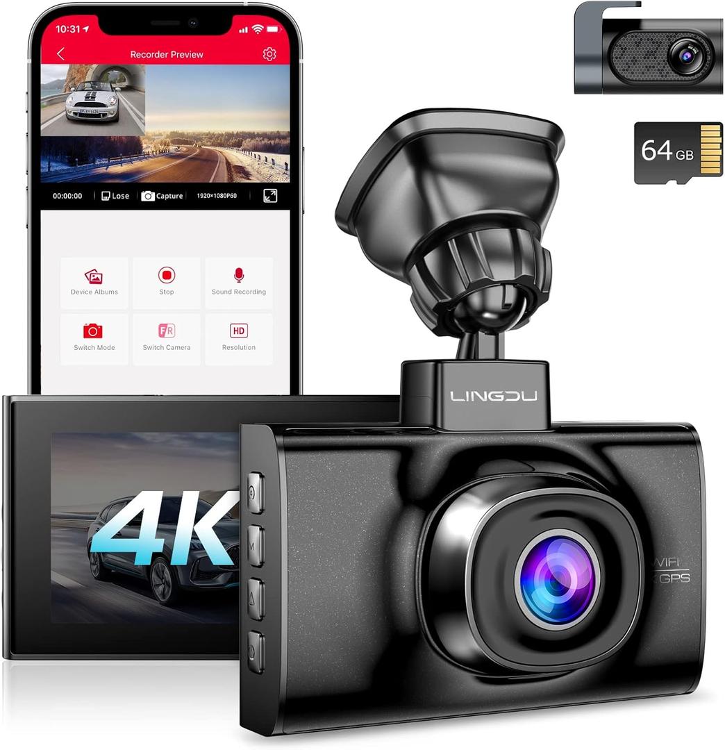 LD02 Lite 4K Dash Cam Front and Rear, Car Dash Camera 5G WiFi GPS, Free 64GB SD Card, Voice Control, WDR Night Vision, 24H Parking Mode, 3" IPS Screen, G-Sensor