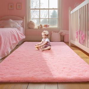 Pink Area Rugs for Girls Bedroom, 4x6 Fluffy Fuzzy Shaggy Carpet for Kids Playroom Nursery Living Room, Thick Soft Plush Mat for Kids Baby Boys Teen Dorm Home Decor Aesthetic