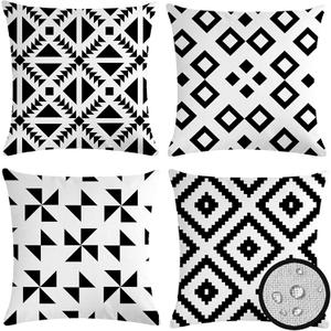 Pack of 4 Waterproof Outdoor Indoor Throw Pillow Covers 18x18 Boho Black White Pillowcases Double Sided Farmhouse Cushion Covers for Garden Patio Balcony Sofa Couch, 45X45 cm