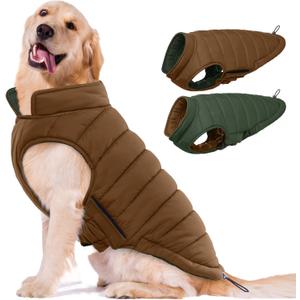 Lelepet Reversible Dog Coat Waterproof Dog Jacket Windproof Puffer Vest for Winter Warm Lightweight Coats for Medium Dogs Adjustbale Hook & Loop Pet Apparel with Leash Hole, French Bulldog, Brown L
