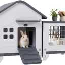 Rockever Plastic Rabbit Cage Outdoor Indoor, Waterproof Rabbit Hutch-Leak-Proof Pull-Out Tray&Chew-Proof, Bunny Cage Guinea Pig Cages with Run, Easy-Clean & Ideal for Small Animal(Grey)