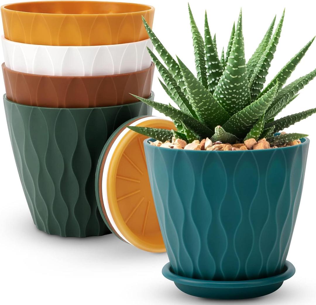 YNNICO 6 inch Plant Pots, 5 Pack Flower Pots Outdoor Indoor, Planters with Drainage Holes and Tray SaucersMulticolor