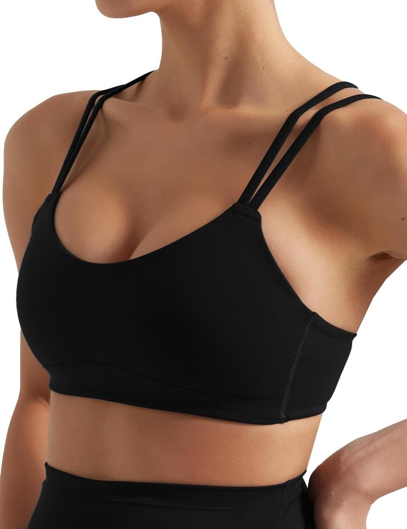 Yoga Sports Workout Bras for Women Seamless Molded Cup Spaghetti Double Strap Bra Wirefree Scoop Neck Tank Top Bras (Medium, Black)