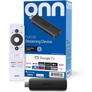 ONN Android TV 2K FHD Streaming Stick with Remote Control & Power Adapter WiFi HDMI Chromecast Built-in