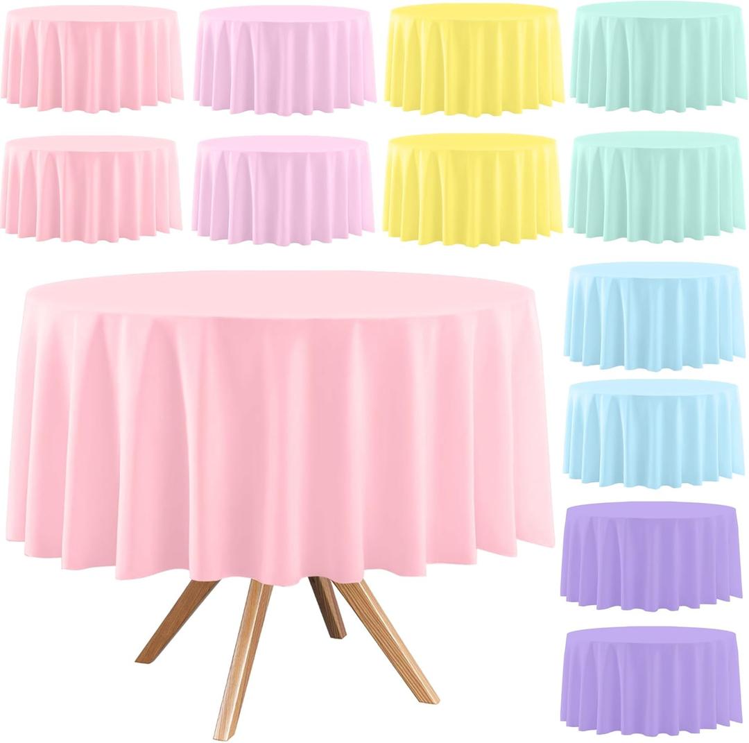 12 Pack Round Disposable Tablecloths, Plastic Pastel Table Cover for Birthday Wedding Baby Shower Party Decoration,6 Color, 84 Inch