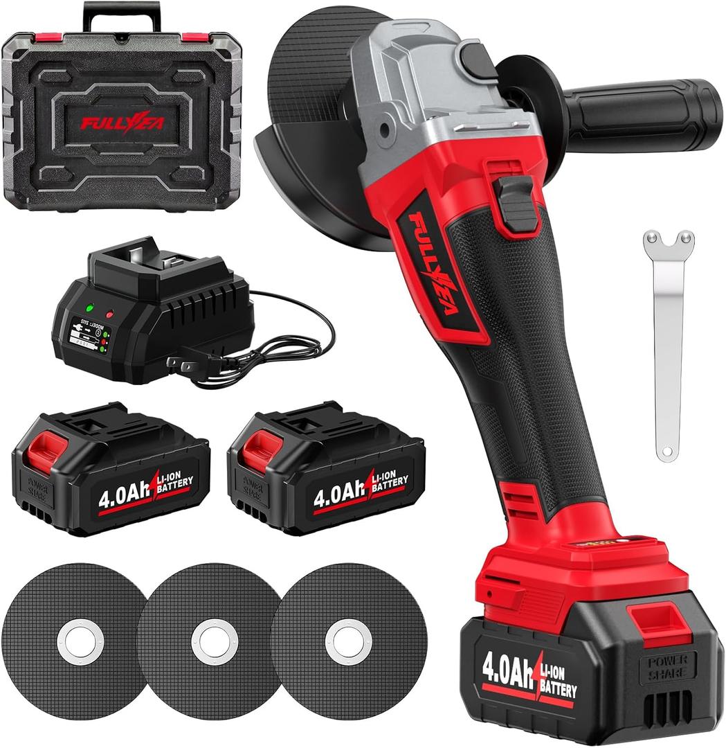 FULLYEA Cordless Angle Grinder 4-1/2", Brushless Metal Grinder 12000 RPM, Power Angle Grinders with 2 * 4.0Ah Batteries & Charger, 3*Cutting Wheels, Electric Angle Grinder Tool Kit for Cutting (Red)