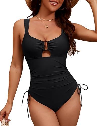 BMJL Womens One Piece Swimsuit Ruched Tummy Control Bathing Suit Drawstring Cutout Modest Swimsuits S/, Black