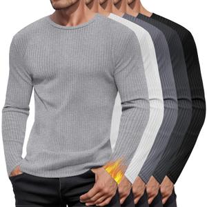 5 Pack Men's Cotton Thermal Shirts Long Sleeve Ribbed Tops Crew Neck Slim Fit Sweater Casual Pullover Undershirts (Large, Black, Dark Gray, Gray, Light Gray, White)