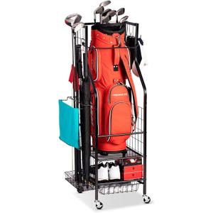 Golf Bags Storage Garage Organizer - Golf Bag Stand Fit Single Golf Bags, Golf Clubs, and Golf Equipment Accessories, Golf Bag Storage Rack with Wheels for Garage, Club, Shed, Basement (Black - With Bottom Drawer Basket)