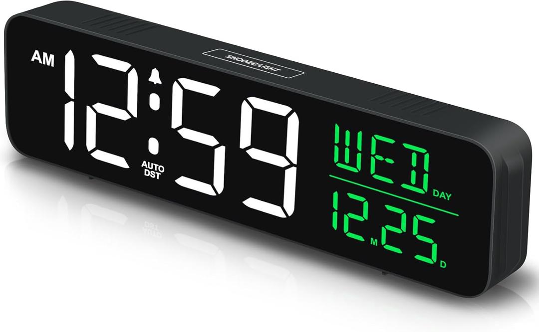 Peakeep Large Display Digital Alarm Clock for Bedrooms, Date Day of Week Temp Desk Table Clocks for Living Room Office, Dimmable Plug in Electric Clock, 5 Volumes, Loud, Auto DST (White and Green)
