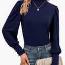 Qirno Womens Mock Neck Puff Long Sleeve Tops Casual Loose Solid Basic T Shirt Button Cuffs Pullovers Shirts Blouse