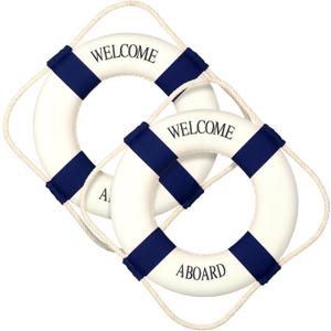 2 Pcs Lifebuoy Wall Hanging Decor Large Life Preserver Ring Decorative Welcome Aboard Mediterranean Style Decoration Nautical Pool Safety Ring (Blue)