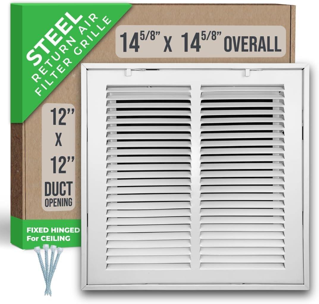 Fits 12x12 Duct Opening | Steel Return Air Filter Grille by Handua [Fixed Hinged] for 1-inch Filters | Vent Cover Grill for Sidewall and Ceiling | White | Outer Dimensions: 14 5/8"W X 14 5/8"H