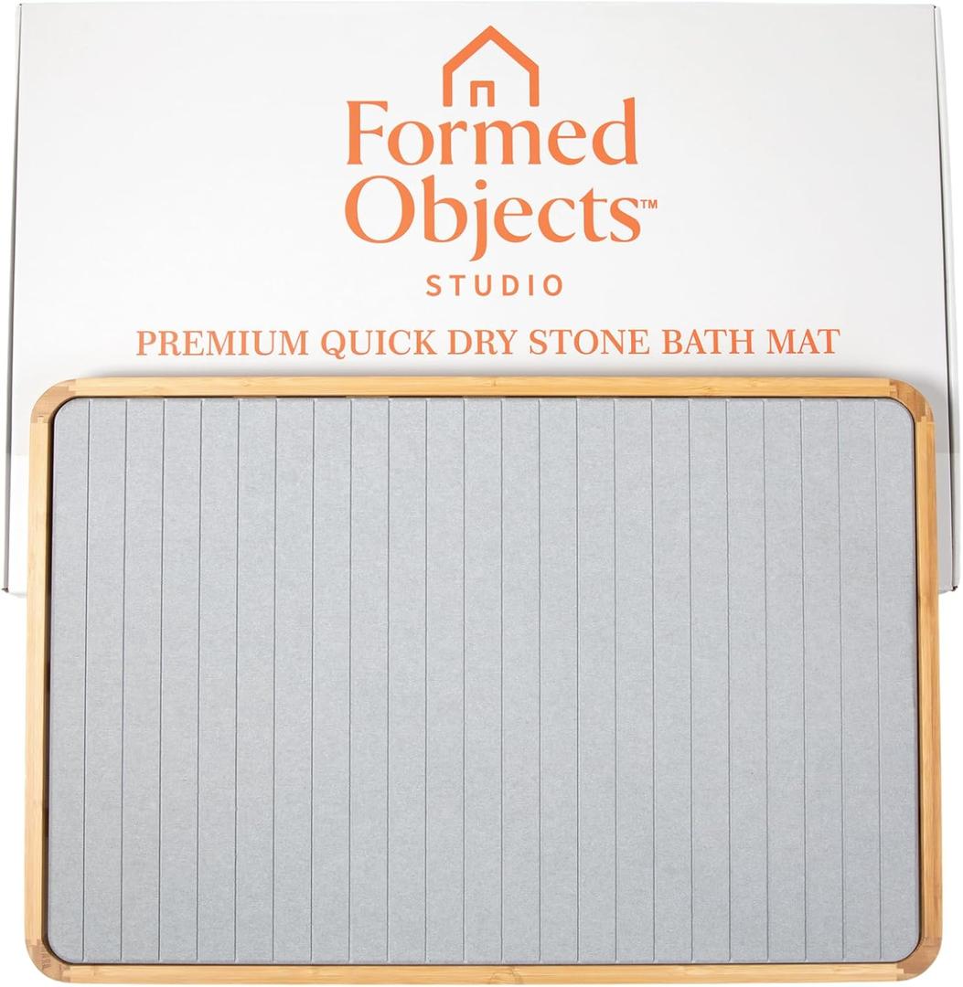 Stone Bath Mat with Bamboo Trim - Quick-Dry Diatomaceous Earth Shower Mat | Super Absorbent, Non-Slip, Minimalist Bathroom Floor Mat for Spa Style Dcor, Bathroom, Kitchen, Entryway - Stone Grey
