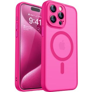 CANSHN Magnetic Compatible with iPhone 15 Pro Case, Upgraded [Full Camera Protection] [Compatible with Magsafe] [Translucent Matte] Shockproof Protective Phone Case Cover 6.1 Inch - Hot Pink