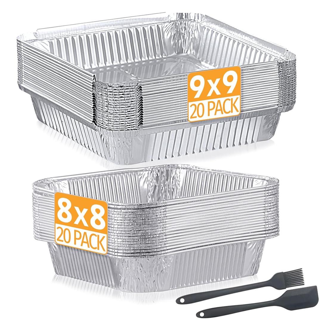 40 Pack Disposable Aluminum Pans 9x9 & 8x8 Inch Combo Set | 20pc 9x9 Inch & 20pc 8x8 Inch Square Aluminum Foil Pans for Oven, Roasting,Freezer Storage | No Lids Included | No-wash