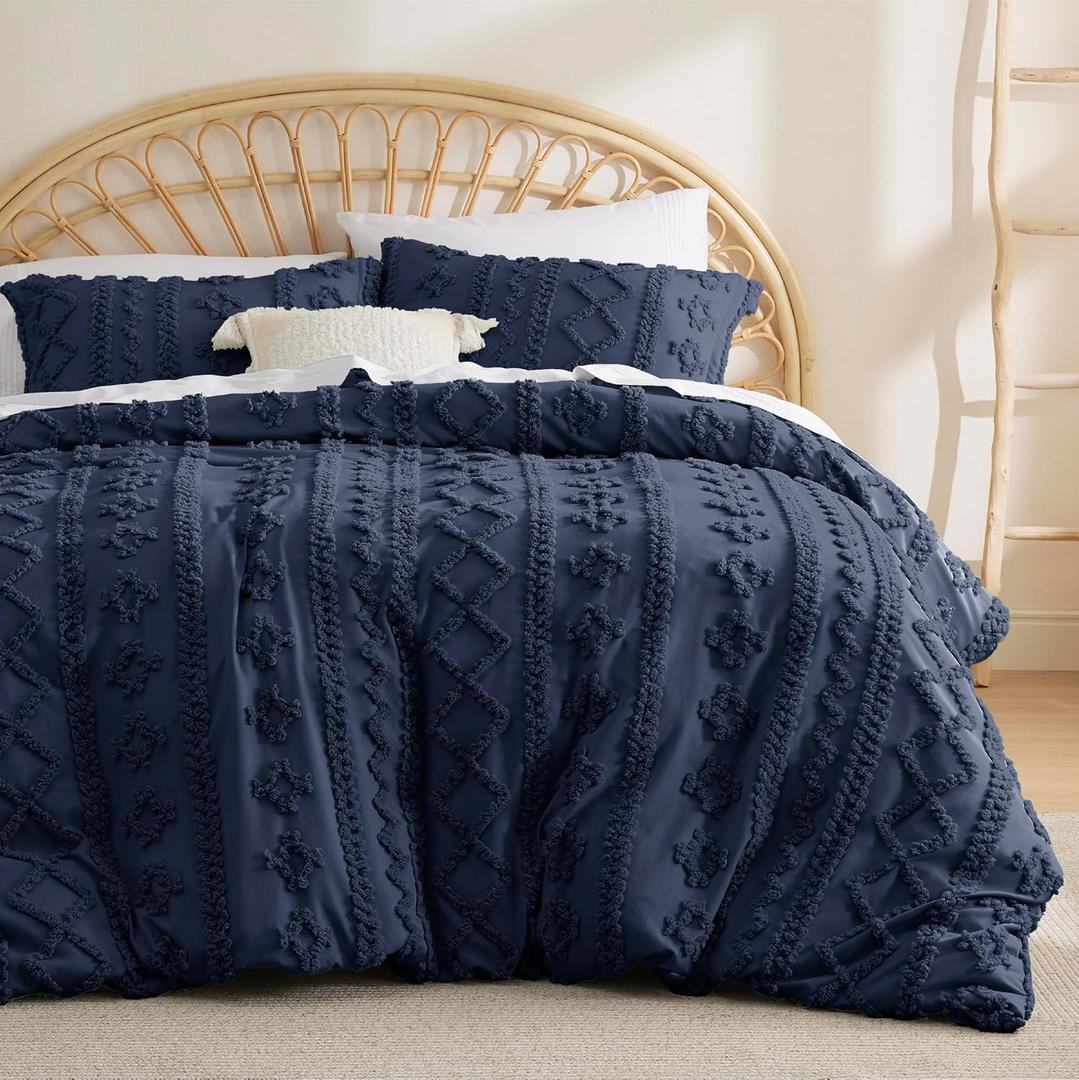 Bedsure Boho Duvet Cover Queen Size - Tufted Duvet Cover Queen Set for All Seasons, 3 Pieces Soft Shabby Chic Embroidery Boho Bedding, Comforter Not Included (Navy, 90" x 90") (Queen (90" x 90"), 03 - Navy - Elegant (No Comforter))