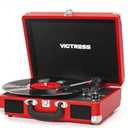 VICTRESS Vinyl Record Player, Portable Suitcase Turntable with PC Recording & Bluetooth Input/ Output, 3-Speed LP Player, Built-in Stereo Speakers, RCA, AUX, Headphone Jack, Red