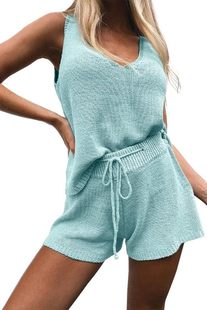 Imily Bela Women's Summer Lounge Sets Knit 2 Piece Outfits Vacation Beach Tank Tops and Shorts Loungewear Pajama Set (A04-aqua)