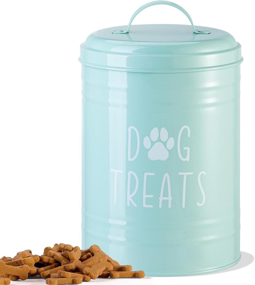 Dog Treat Container Airtight, Dog Treat Jar with Lid - 9x5.5'' Metal Dog Cookie Jar for Farmhouse Kitchen Counter, Green Pet Treat Container, Dog Treat Storage Container for Dogs, Cats