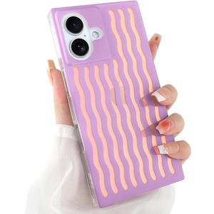 Rectangle Case for iPhone 16 Case for Women Girls Boys, with Iridescent Wave Pattern and Cute Candy Color Design, Kawaii Aesthetic Girly Protective Phone Cover, Light Purple