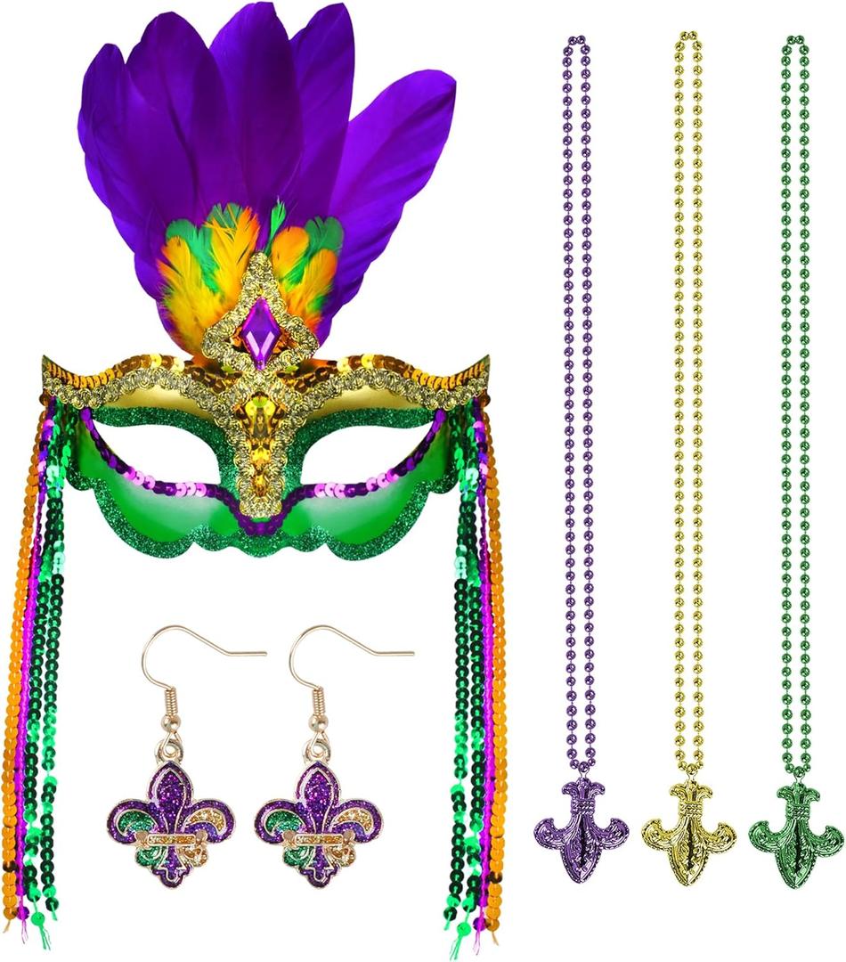 2 x Yukee Mardi Gras Mask W/Mardi Gras Beads Earrings Accessories for Women, Feathers Mardi-Gras Masks Masquerade Mask W/Mardi-Gras Beads Necklaces Fleur De Lis Earrings Jewelry for Carnival Party Parade