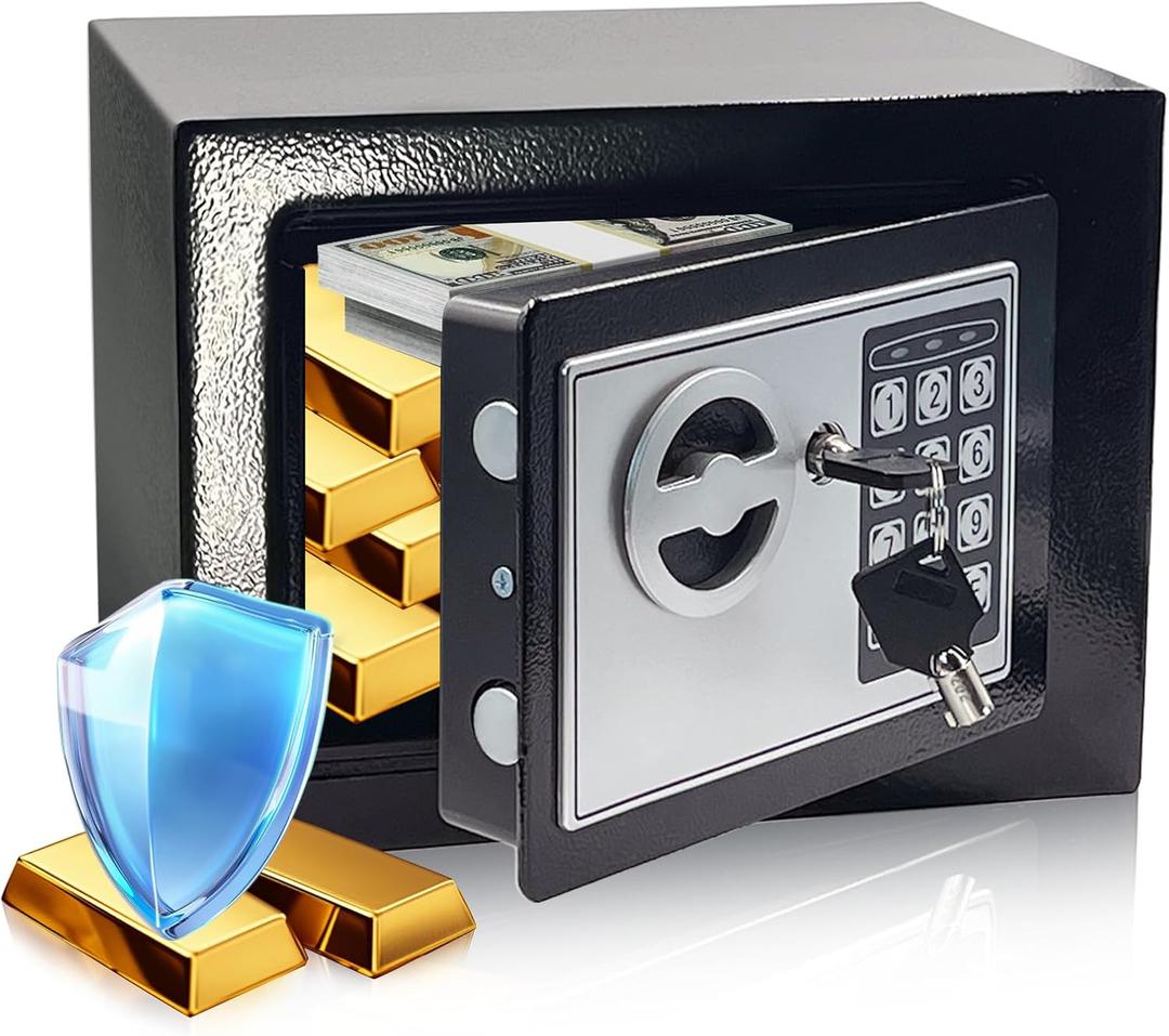 Small Money Safe Box, Security Safety Lock Box for Dorm, 0.23 CuFt Mini Kids Cabinet Safe for Home Use, Hidden Wall Personal Safe with Keys & Code for Money Cash Jewelry Gun Office Hotel